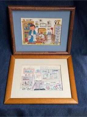 1983 Vintage Gay Felton Humorous Caricature Framed Art Prints Set of 2